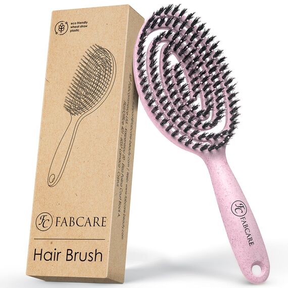 FABCARE Bio Haarbürste Wildschweinborsten Rund inkl. Ebook - Detangler-Bürste mit Doppelspiralfeder - Profi Entwirrbürste ohne Ziepen für jeden Haartyp - Damen Haarpflegebürste (Rosa)