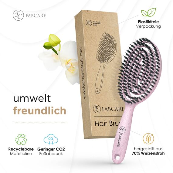 FABCARE Bio Haarbürste Wildschweinborsten Rund inkl. Ebook - Detangler-Bürste mit Doppelspiralfeder - Profi Entwirrbürste ohne Ziepen für jeden Haartyp - Damen Haarpflegebürste (Rosa)