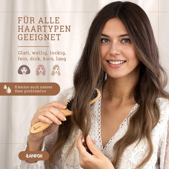 lampox - Bambus Haarbürste mit Wildschweinborsten Kopfmassage Haarpflege, Entwirrbürste für lange Haare & Locken von Damen, Herren & Kinder, Massagebürste für die Kopfhaut, Detangler (schmal)
