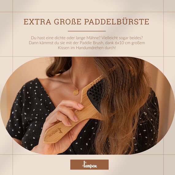 lampox - Bambus Haarbürste mit Wildschweinborsten Kopfmassage Haarpflege, Entwirrbürste für lange Haare & Locken von Damen, Herren & Kinder, Massagebürste für die Kopfhaut, Detangler (rechteckig)