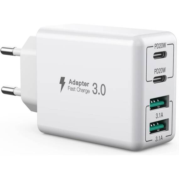 USB C Ladegerät, 40W 4 Ports USB C Ladegerät Block, Schnellladeblock Dual Port PD3.0+QC Wandstecker Multiport USB Netzteil Kompatibel mit iPhone 17/16/15/14/13/12/11/Pro Max/XS/XR/8/7/Samsung/Tablet