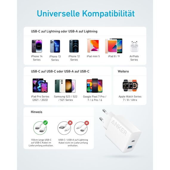 Anker 20W USB C Ladegerät, iPad Netzteil, USB-Schnellladenetzteil, iPad Ladegerät, Kompatibel mit iPhone 17/16/15 Series (2X 1,5m USB C Kabel inkl.)