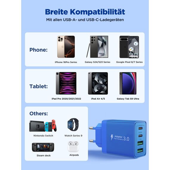 USB C Ladegerät, 4-Fach Netzadapter mit QC Schnellladefunktion, 40W Mehrfach Ladegerät mit USB-A & USB-C Ports, USBC Ladeadapter für iPhone, Samsung und weitere Smartphones (Seeblau)