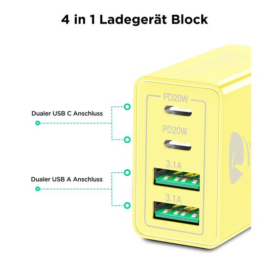 USB C ladegerät, 4-Port Schnellladegerät mit Intelligent QC USB-A und USB-C Power Adapter, 40W Netzteil Mehrfach USB Ladegerät für iPhone, Samsung, Handy Schnellladen Charger Ladestecker (Gelb)