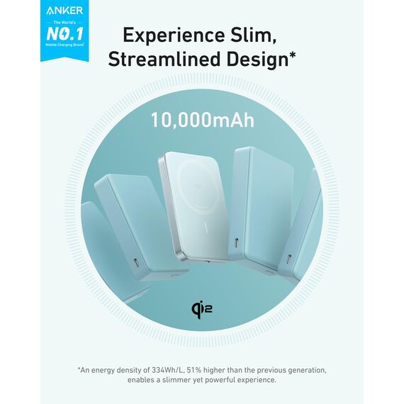 Anker MagGo Powerbank, Ultra-schlankes 10.000mAh magnetisches Akkupack, Qi2-zertifiziert, portabel, 15W Ultra-schnelles MagSafe-kompatibles Ladegerät, ergonomisches Design, nur für iPhone 17/16/15/14