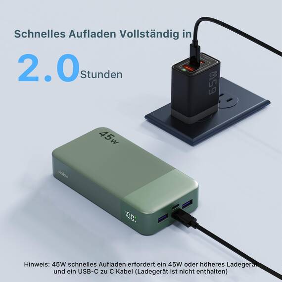 NOBIS Power Bank, Powerbank 20000mAh, 45W Externe Handyakkus Schnellladen, Externer Akku mit C zu C Kabel, Tragbares Ladegerät mit Digitalanzeige für Phone Android Laptop etc(Grün)