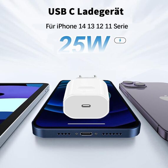 2 Pack iPhone Schnellladegerät und Schnellladekabel Ladekabel für iPhone 14 13 12 11 Pro Max Plus Mini/SE/XR/X/XS/iPad, 25W USB C Ladegerät mit 2M Kabel Fast Charger Netzteil Stecker Adapter
