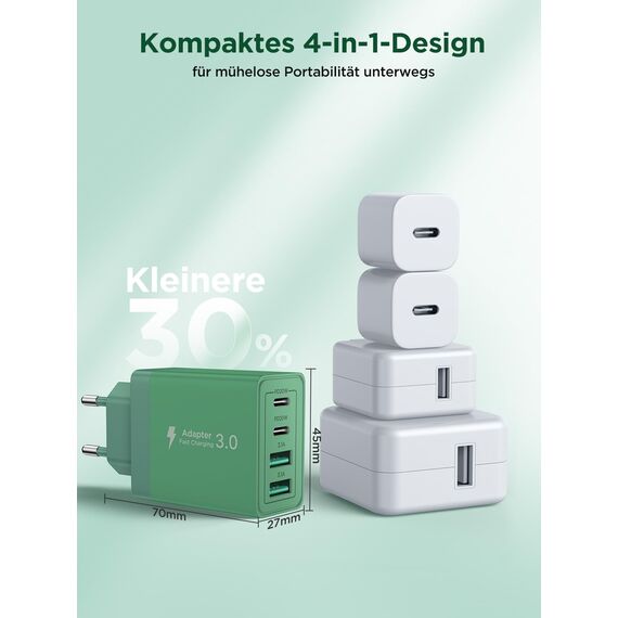 USB C Ladegerät, 4-Port Netzteil mit Intelligent QC USB-A und USB-C Power Adapter, 40W Schnellladegerät Mehrfach USB Charger für iPhone,Samsung und andere Geräte Schnellladen Ladestecker (Dunkelgrün)