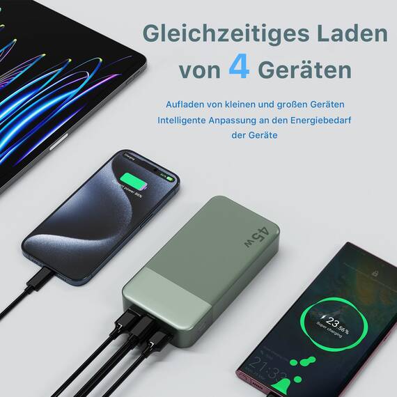 NOBIS Power Bank, Powerbank 20000mAh, 45W Externe Handyakkus Schnellladen, Externer Akku mit C zu C Kabel, Tragbares Ladegerät mit Digitalanzeige für Phone Android Laptop etc(Grün)