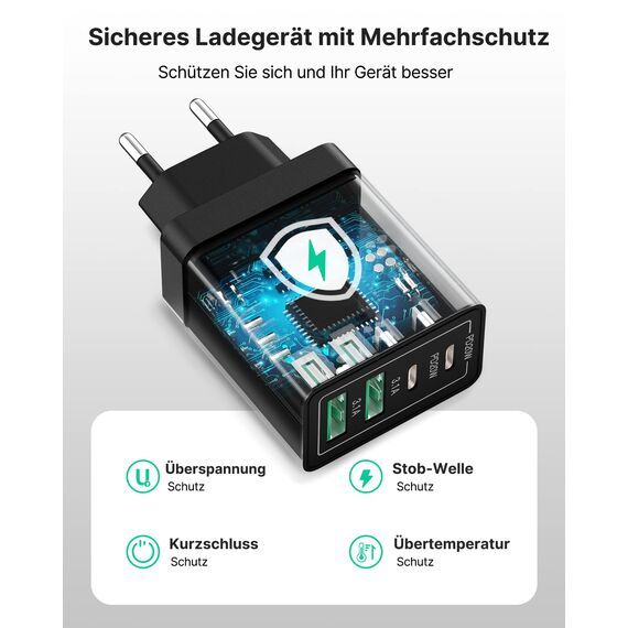 2-Pack USB C Ladegerät, 4-Port Adapter Mehrfach Ladegerät mit USB-C und USB-A, 40W Schnellladegerät PD 3.0 Charger Power Netzteil für iPhone 15 Pro Max 14 13 12 11 SE XS XR,Samsung,Handys