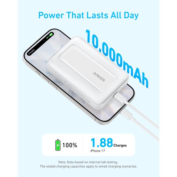 Anker Zolo magnetische Powerbank, kompaktes 10.000mAh Ladegerät mit 30W Max. Schnellladen, kabellos und portabel, hautfreundlicher und robuster Akku, für iPhone 17/16/15 Serie, AirPods und mehr