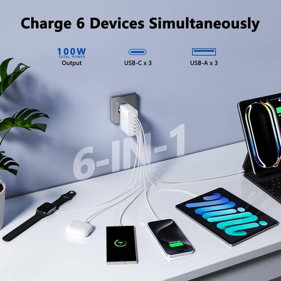 USB C Ladegerät, Gesamtleistung 100W GaN 6-Port USBC Netzteil Schnellladegerät, USB Stecker Power Adapter Kompatibel mit iPhone 11/12/13/14/15/16 Pro Max/Galaxy S24/S23/S22/S21/Google/Tablet