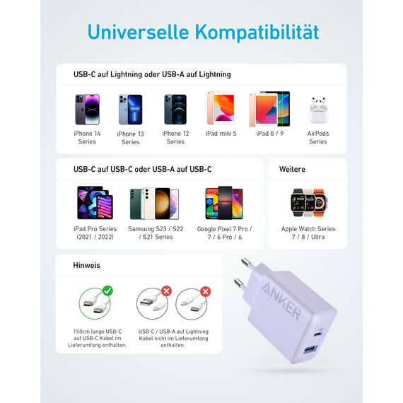 Anker 20W USB C Ladegerät, iPad Netzteil, USB-Schnellladenetzteil, iPad Ladegerät, Kompatibel mit iPhone 17/16/15 Series (mit 150cm USB-C Kabel)