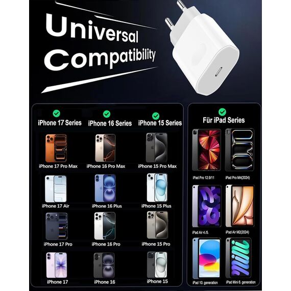 40W USB C Ladegerät Ladekabel für iPhone 17/17 Pro/17 Pro Max/17 Air, iPhone 16 15 Pro Max/16e/Plus,USB C Adapter Kabel für iPad,2M Schnellladekabel mit Stecker Netzteil Charger Schnellladegerät