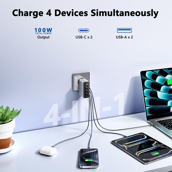 USB C Ladegerät 100W, 4 Ports Mehrfach Stecker mit【2 USB-C und 2 USB-A】, 100W Netzteil Wand-Ladegerät, Fast Charge PD 3.0 Power Adapter Kompatibel mit MacBook/iPhone 12/13/14/15/16/Samsung/Tablets