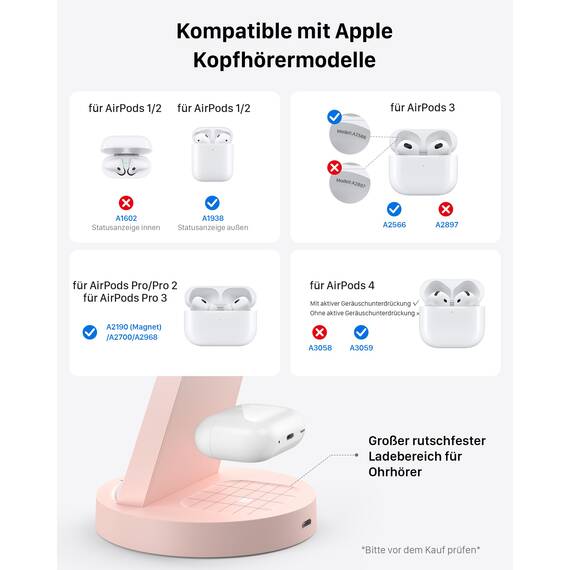 3 in 1 für iPhone Ladestation Schnelles Kabelloses Ladegerät - Wireless Charger für iPhone 17 Air 16e 16 15 14 13 12 11 X Pro Max & für Apple Watch und für Air Pods 4 3 2 Pro mit 18W Adapter (Rosa)