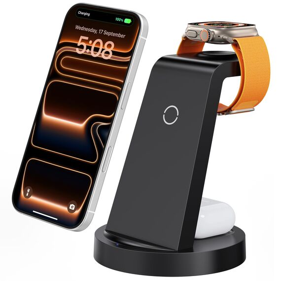 3 in 1 für iPhone Ladestation Schnelles Kabelloses Ladegerät - Wireless Charger für iPhone 17 Air 16e 16 15 14 13 12 11 X Pro Max & für Apple Watch und für Air Pods 4 3 2 Pro mit 18W Adapter