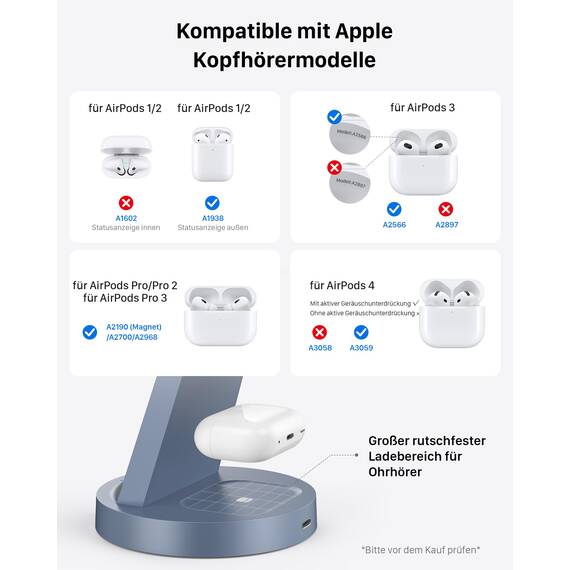 3 in 1 für iPhone Ladestation Schnelles Kabelloses Ladegerät - Wireless Charger für iPhone 17 Air 16e 16 15 14 13 12 11 X Pro Max & für Apple Watch und für Air Pods 4 3 2 Pro mit 18W Adapter (Blau)