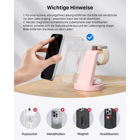 3 in 1 für iPhone Ladestation Schnelles Kabelloses Ladegerät - Wireless Charger für iPhone 17 Air 16e 16 15 14 13 12 11 X Pro Max & für Apple Watch und für Air Pods 4 3 2 Pro mit 18W Adapter (Rosa)
