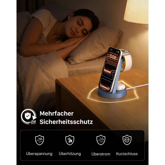 3 in 1 für iPhone Ladestation Schnelles Kabelloses Ladegerät - Wireless Charger für iPhone 17 Air 16e 16 15 14 13 12 11 X Pro Max & für Apple Watch und für Air Pods 4 3 2 Pro mit 18W Adapter (Blau)