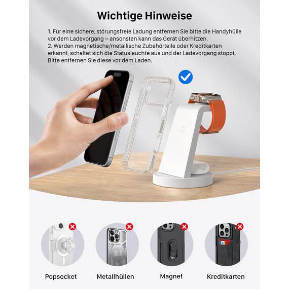 3 in 1 für iPhone Ladestation Schnelles Kabelloses Ladegerät - Wireless Charger für iPhone 17 Air 16e 16 15 14 13 12 11 X Pro Max & für Apple Watch und für Air Pods 4 3 2 Pro mit 18W Adapter (Weiß)