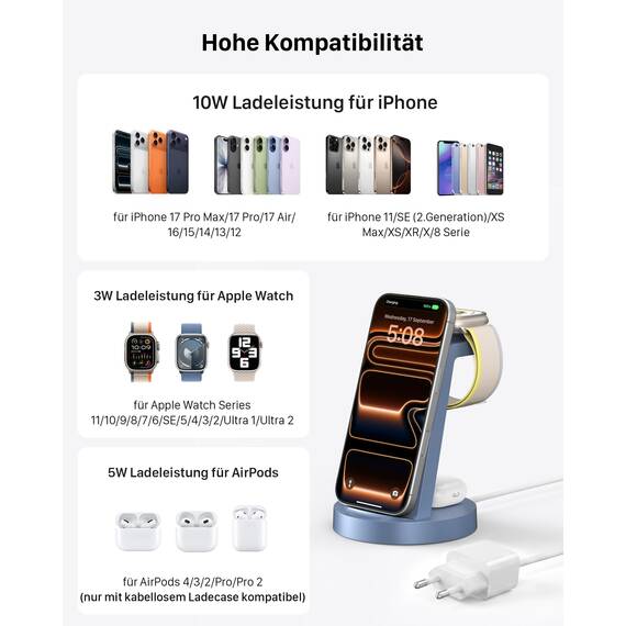 3 in 1 für iPhone Ladestation Schnelles Kabelloses Ladegerät - Wireless Charger für iPhone 17 Air 16e 16 15 14 13 12 11 X Pro Max & für Apple Watch und für Air Pods 4 3 2 Pro mit 18W Adapter (Blau)