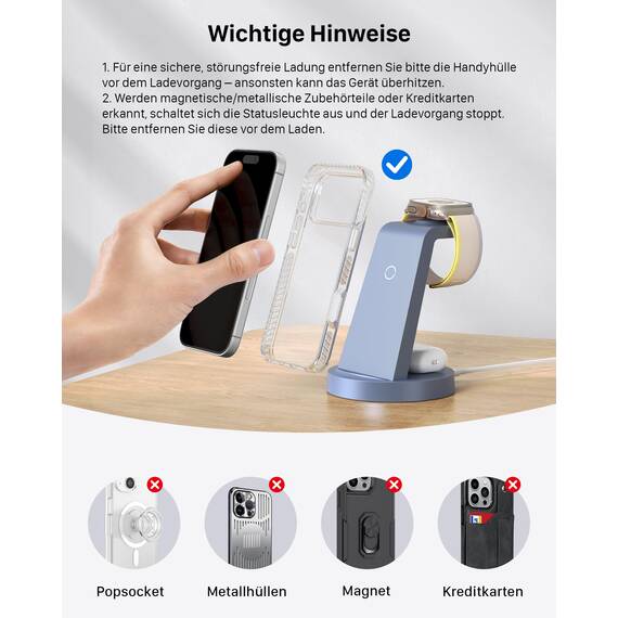 3 in 1 für iPhone Ladestation Schnelles Kabelloses Ladegerät - Wireless Charger für iPhone 17 Air 16e 16 15 14 13 12 11 X Pro Max & für Apple Watch und für Air Pods 4 3 2 Pro mit 18W Adapter (Blau)
