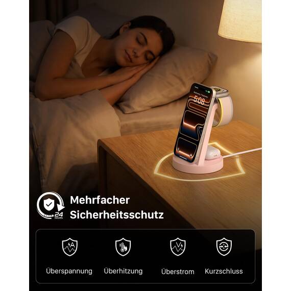 3 in 1 für iPhone Ladestation Schnelles Kabelloses Ladegerät - Wireless Charger für iPhone 17 Air 16e 16 15 14 13 12 11 X Pro Max & für Apple Watch und für Air Pods 4 3 2 Pro mit 18W Adapter (Rosa)