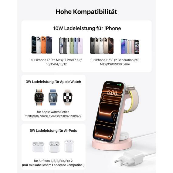 3 in 1 für iPhone Ladestation Schnelles Kabelloses Ladegerät - Wireless Charger für iPhone 17 Air 16e 16 15 14 13 12 11 X Pro Max & für Apple Watch und für Air Pods 4 3 2 Pro mit 18W Adapter (Rosa)