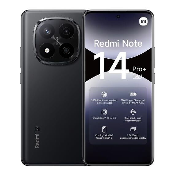 XIAOMI Redmi Note 14 Pro+ 5G Smartphone, 8 + 256GB, Black, 200MP professionelle AI-Kamera, IP68, 120W HyperCharge, AI-Funktionen (kein Ladegerät enthalten)