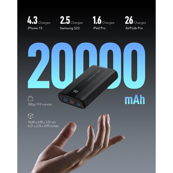 VRURC Power Bank 20000mAh – Kleiner & tragbarer externer Akku mit 22,5W QC & PD 3.0 Schnellladen, USB-C, 6 Ports & LED-Anzeige, CE-zertifizierte Powerbank für iPhone, Samsung, Huawei, iPad & Reisen