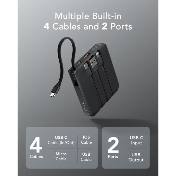 VRURC Power Bank mit Kabel 10000mAh Klein USB C Powerbank Schnelles Aufladen 22.5W Mini Tragbares Ladegerät Externer Akku Klein Aber Stark akkupack LED-Anzeige Kompatibel mit iPhone Huawei (schwarz)