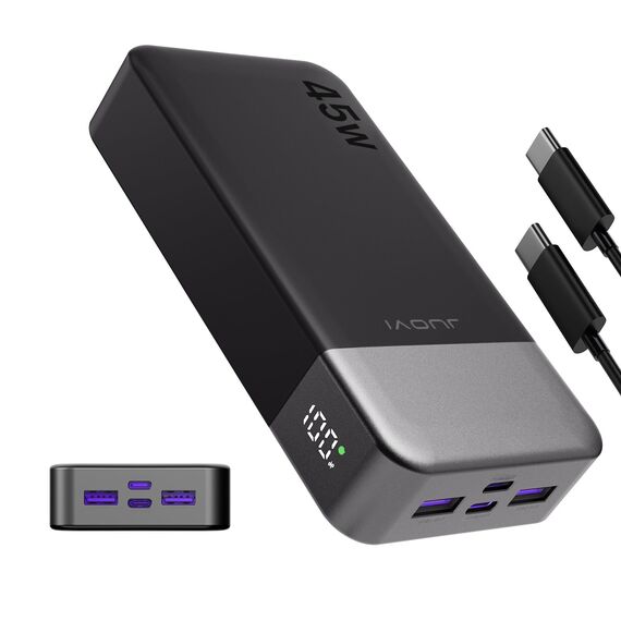 JUOVI Power Bank, 20000mAh 45W Tragbares Ladegerät, PD3.0 QC4.0 Schnelles Laden 4-Port mit LED Anzeige, Akkupack Ladegerät tragbar für MacBook, iPhone 15 14 13 Pro Samsung S23 S22 (Schwarz)