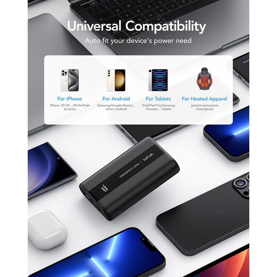 VRURC Power Bank 20000mAh – Kleiner & tragbarer externer Akku mit 22,5W QC & PD 3.0 Schnellladen, USB-C, 6 Ports & LED-Anzeige, CE-zertifizierte Powerbank für iPhone, Samsung, Huawei, iPad & Reisen