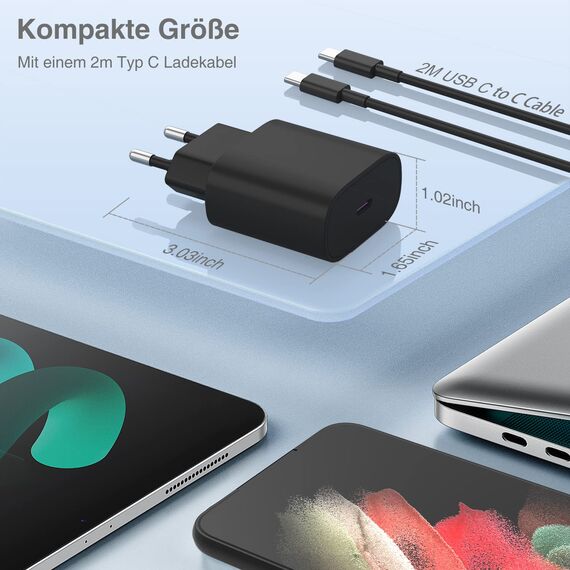 25W Schnellladegerät USB C für Samsung Galaxy S25/S25 Ultra/S24/S24Ultra/S23/S23 Ultra S22/S22 Plus/S22 Ultra/S21 S20 FE/A52S A53 A33/Z Flip 3, USB C ladegerät mit 2m Schnell Ladekabel for Samsung