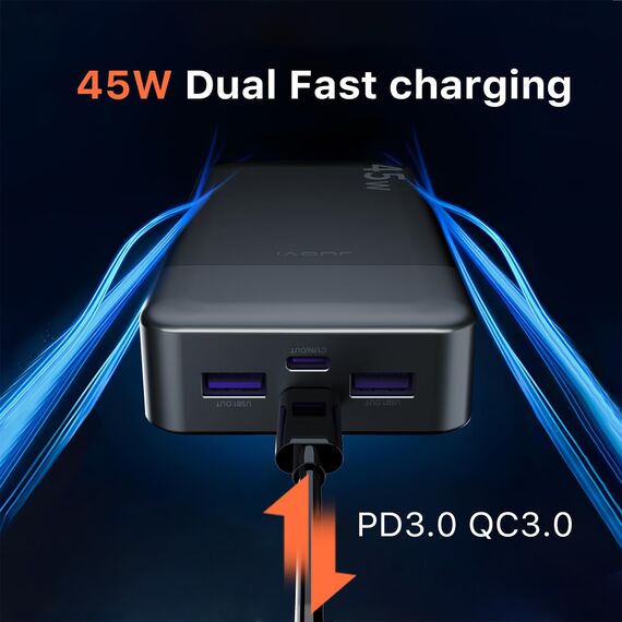 JUOVI Power Bank, 20000mAh 45W Tragbares Ladegerät, PD3.0 QC4.0 Schnelles Laden 4-Port mit LED Anzeige, Akkupack Ladegerät tragbar für MacBook, iPhone 15 14 13 Pro Samsung S23 S22 (Schwarz)