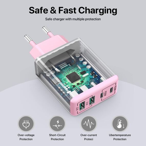 USB C Ladegerät, 40 W 4 Ports USB C, Schnellladeblock Dual Port PD+QC, Multiport Typ C Ladegerät kompatibel mit iPhone 11/12/13/14/15/Pro Max/XS/XR/8/7/Samsung Telefon/Tablet