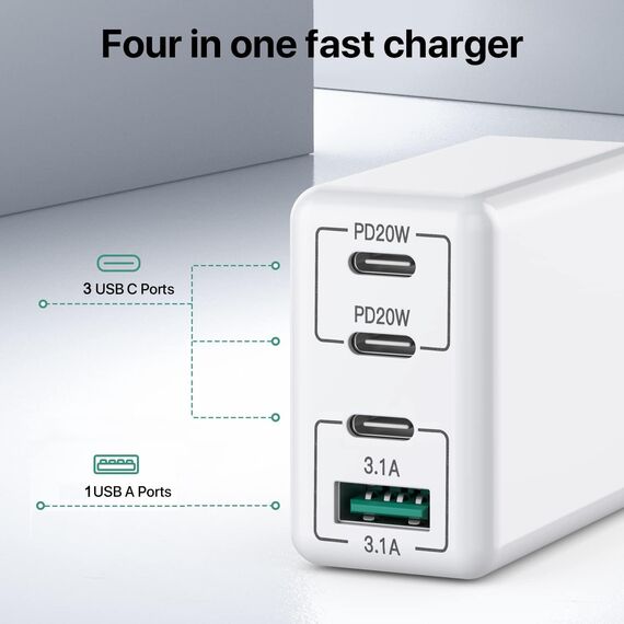 2-Pack Ladegerät USB C, 40W Mehrfach Schnellladegerät USBC Ladestecker, 4 Ports USB Stecker mit PD 3.0+QC Stecker Kompatibel mit iPhone 11/12/13/14/15/16/Galaxy S23/S22/S21/Tablet