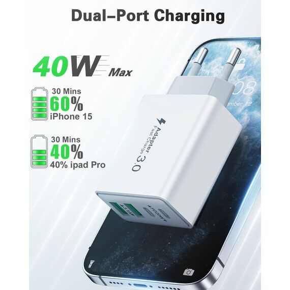 USB C Ladegerät, 40W 4 Ports Schnellladegerät, Mehrfach Stecker Mit Power Adapter Fast Charger Netzteil für iPhone 17 16 15 14 13 12 11 Pro Max, iPad, Samsung, Handys