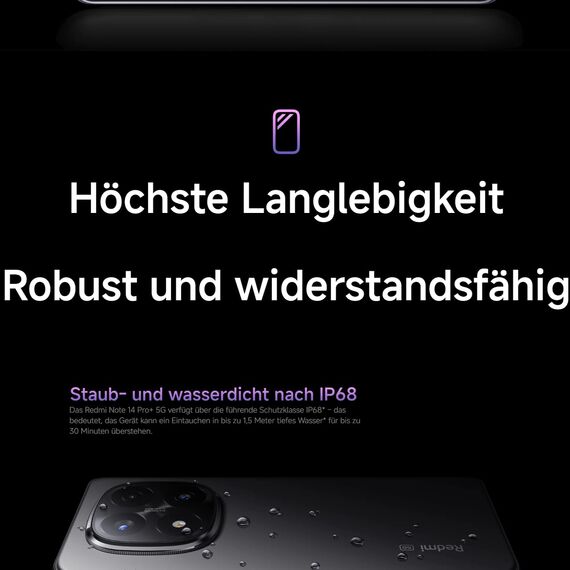 XIAOMI Redmi Note 14 Pro+ 5G Smartphone, 8 + 256GB, lila, 200MP professionelle AI-Kamera, IP68, 120W HyperCharge, AI-Funktionen (kein Ladegerät enthalten)