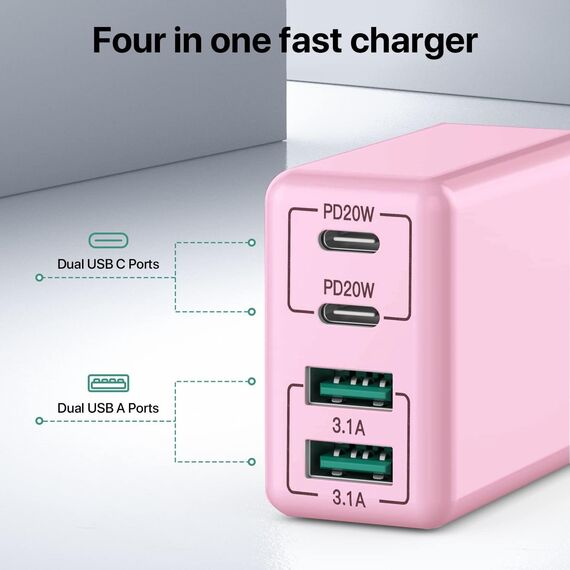 USB C Ladegerät, 40 W 4 Ports USB C, Schnellladeblock Dual Port PD+QC, Multiport Typ C Ladegerät kompatibel mit iPhone 11/12/13/14/15/Pro Max/XS/XR/8/7/Samsung Telefon/Tablet