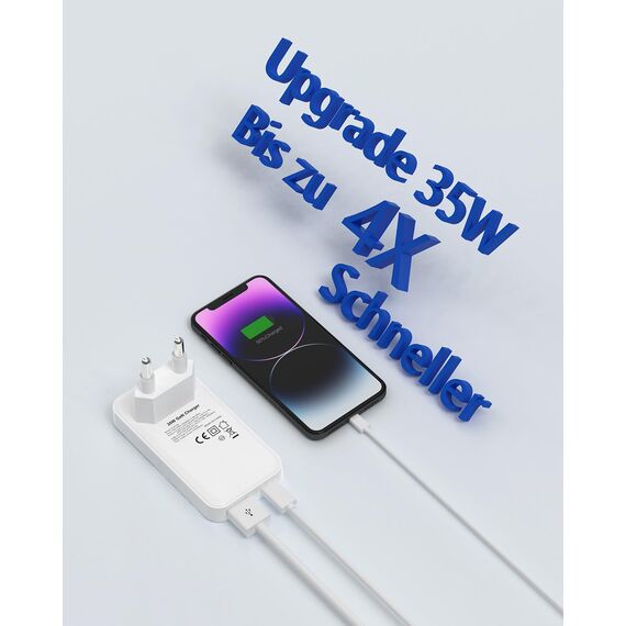 ZINOOY 35W Dual-Port Ladegerät, PD/QC 3.0 USB-C und USB-A Schnellladegerät for iPhone 16/15 Samsung iPad Huawei, Ultraflaches Netzteil für Unterwegs, Zuhause, Büro