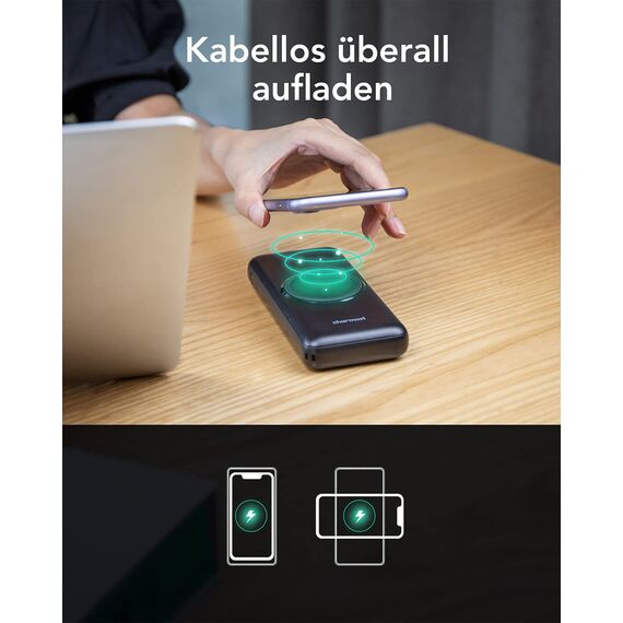 Charmast Power Bank, Wireless Powerbank 20000mAh Induktives Laden Kabellose Ladegerät, 22,5W PD/QC 3.0 Externe Handyakkus mit LED Display Kompatibel mit iPhone 17 16 15 14 13 12 Pro max Samsung Huawei
