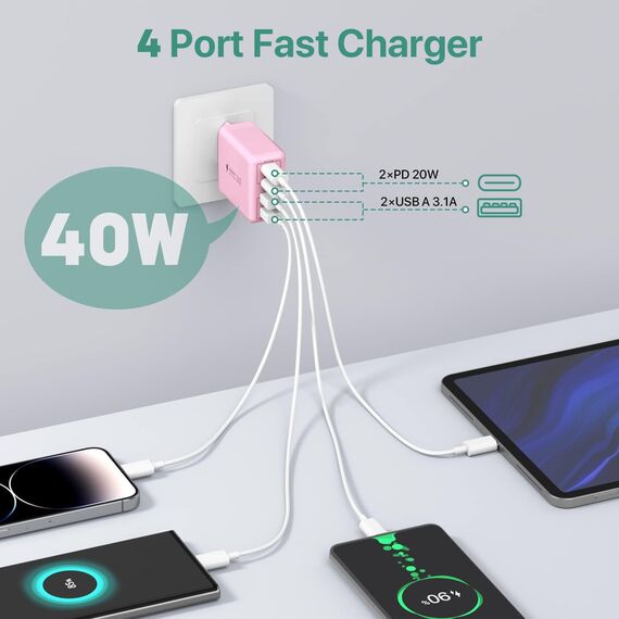 USB C Ladegerät, 40 W 4 Ports USB C, Schnellladeblock Dual Port PD+QC, Multiport Typ C Ladegerät kompatibel mit iPhone 11/12/13/14/15/Pro Max/XS/XR/8/7/Samsung Telefon/Tablet