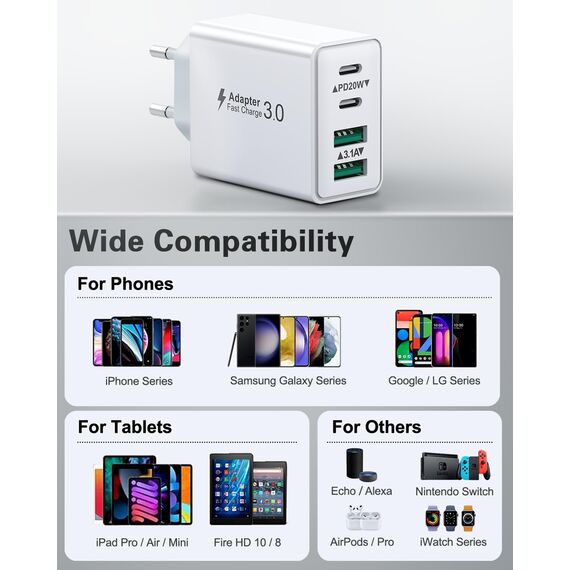 USB C Ladegerät, 40W 4 Ports Schnellladegerät, Mehrfach Stecker Mit Power Adapter Fast Charger Netzteil für iPhone 17 16 15 14 13 12 11 Pro Max, iPad, Samsung, Handys