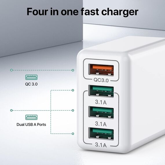 USB-Ladegerät, 4-Port USB-Ladeadapter mit 33W Smart QC 3.0 Schnellladegerät, Multi-Port-Ladegerät kompatibel mit iPhone 12/13/14/15/16/Galaxy S21/S22/S23/S24