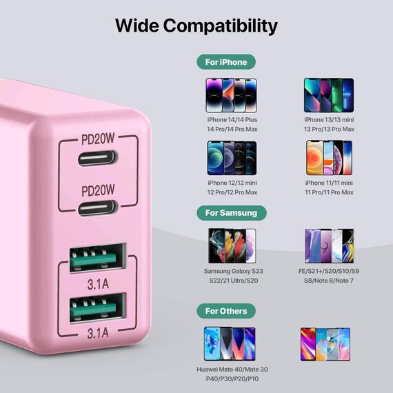 USB C Ladegerät, 40 W 4 Ports USB C, Schnellladeblock Dual Port PD+QC, Multiport Typ C Ladegerät kompatibel mit iPhone 11/12/13/14/15/Pro Max/XS/XR/8/7/Samsung Telefon/Tablet