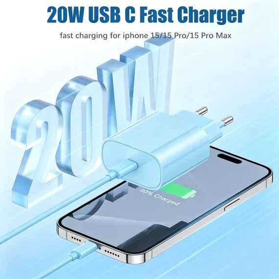 2Pack USB C Ladegerät Ladekabel für iPhone 17/17 Pro/16 Pro Max/15 Pro/15 Plus, iPad, MacBook, Samsung, 20W USB C Power Adapter Schnellladegerät mit Schnellladekabel 2M-Blau
