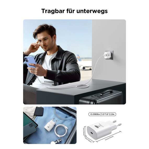 Aioneus USB C Ladegerät, 25W iPhone Schnellladegerät mit 2m USB C auf USBC Kabel, PD 3.0 Netzteil USBC Stecker für iPhone 16/15/14/13/12/11 Pro Max/ 8/7/6 X, iPad, Samsung, Handy Ladeadapter