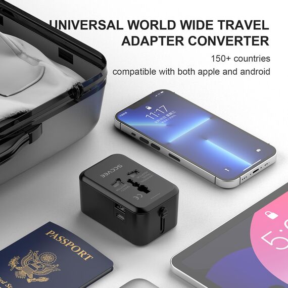 Reiseadapter Weltweit Universal Reisestecker mit USB C, Internationaler Steckdosenadapter mit 1 USB A Universal AC Steckdose Travel Adapter für USA EU UK AUS
